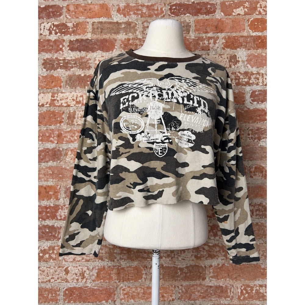 Y2K Ecko Unltd Camo Cropped Thermal Top XL Waffle Knit 2000s Grunge Distressed